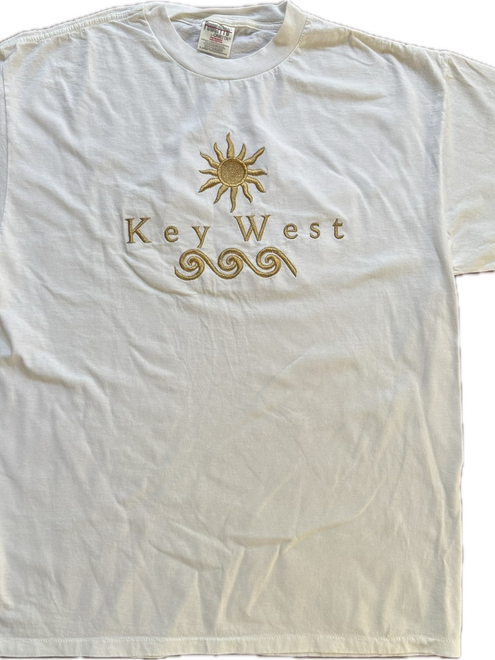 Key West Embroidered Sun Short Sleeve Tee - White with gold embroidery.